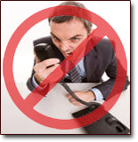 Bankruptcy stops bill collectors cold. Image of business man yelling into a telephone with the universal red circle with cross meaning no sign.